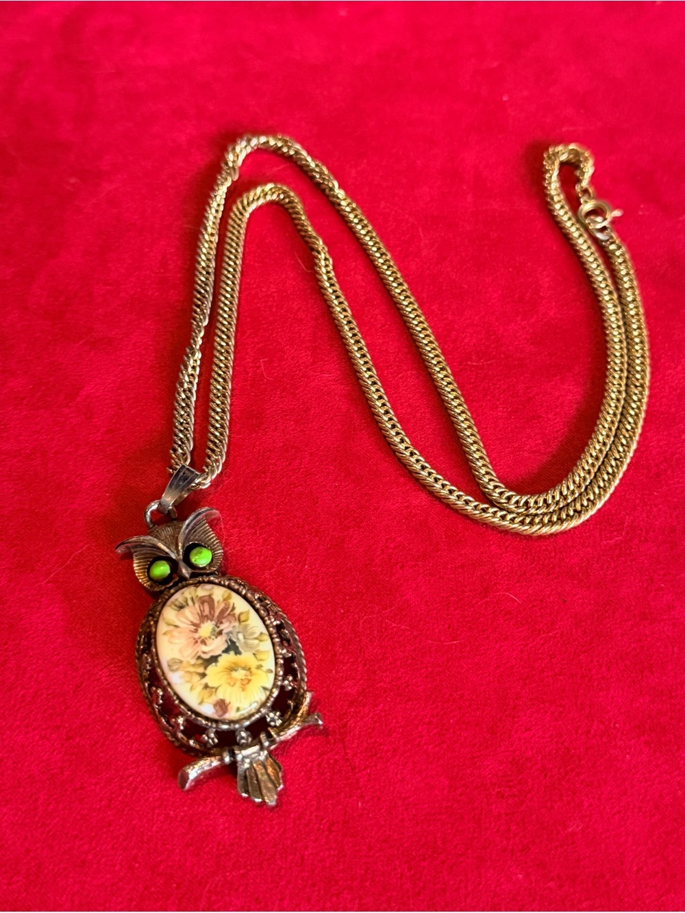 Gold-Tone Owl Pendant Necklace with Green Eyes